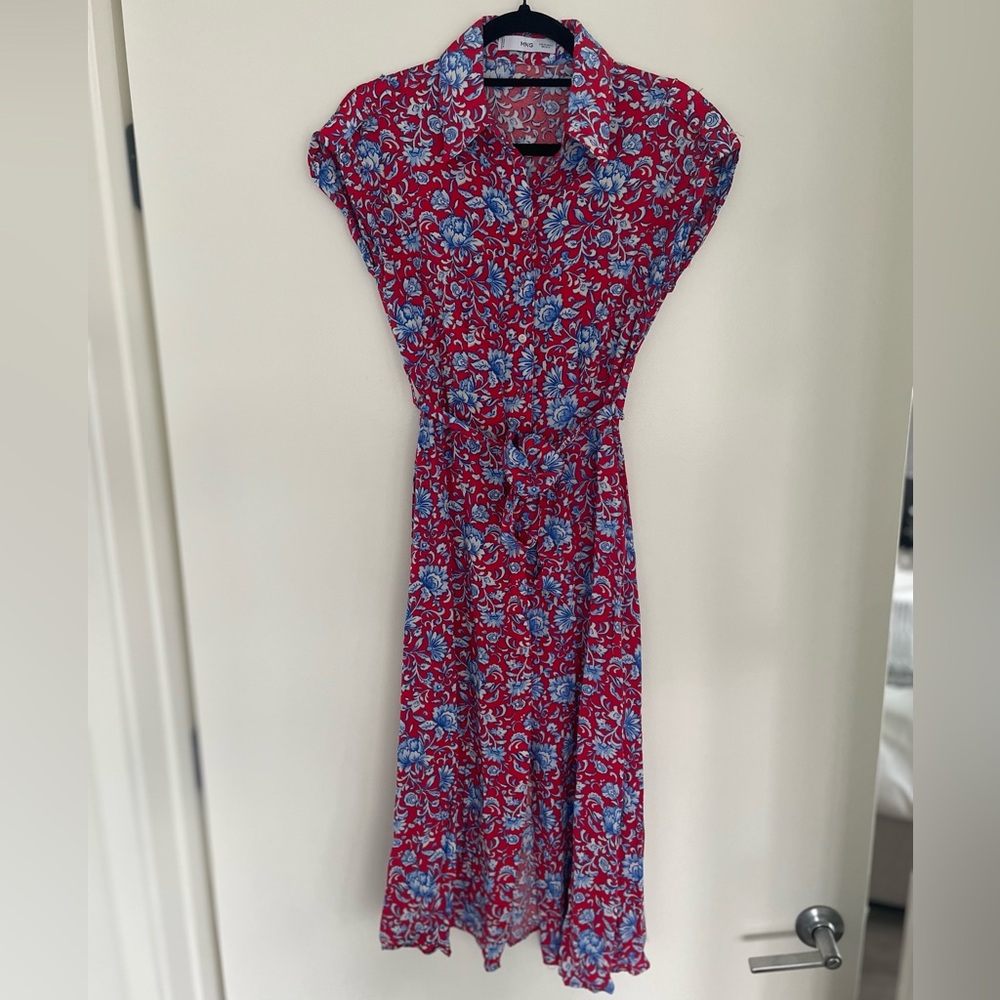 Mango Red & Blue Floral Midi Shirt Dress – Size XS